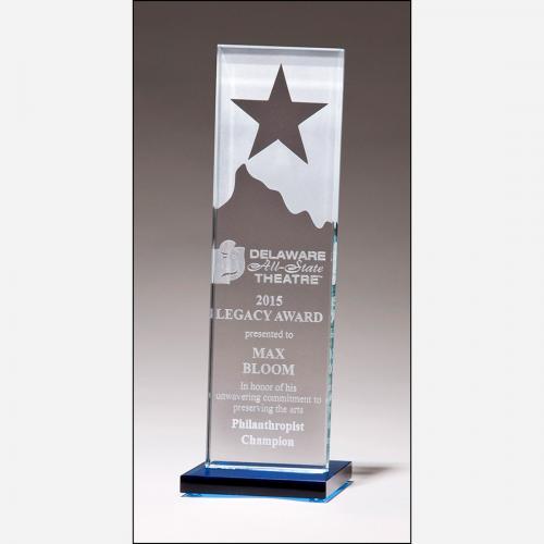 Corporate Awards - Crystal Awards - Obelisk Tower Awards - Clear Glass Star Mountain Award on Blue Glass Base