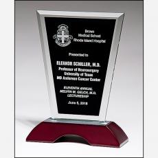 Employee Gifts - Clear Glass Award with Black Silk Screen & Wooden Base