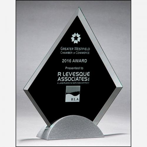 Corporate Awards - Crystal Awards - Diamond Awards - Clear Glass Diamond Award with Black Silk Screen on Silver Base