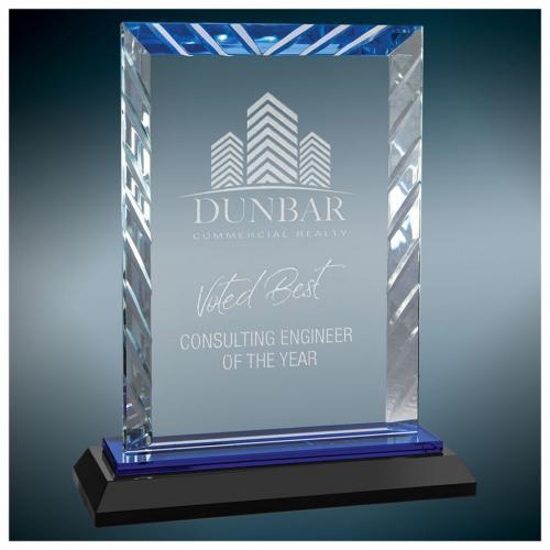 Corporate Awards - Glass Awards - Colored Glass Awards - Glass Rectangle Award with Blue Accents