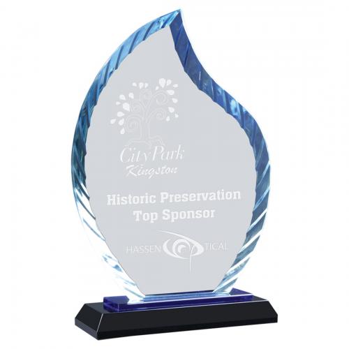 Corporate Awards - Glass Awards - Flame Awards - Flame Glass Award with Blue Accents on Blue & Black Base