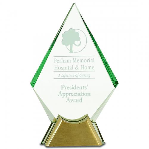 Corporate Awards - Crystal Awards - Diamond Awards - Diamond Jewel Spear Head Glass Award with Green Accents on Silver & Gold Base