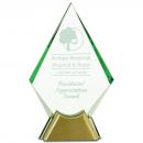 Diamond Jewel Spear Head Glass Award with Green Accents on Silver & Gold Base