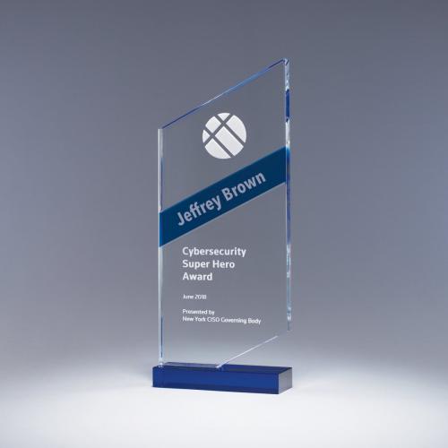 Corporate Awards - Crystal Awards - Obelisk Tower Awards - Clear Forward Optical Crystal Award with Blue Stripe