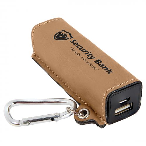 Corporate Awards - Gradulation Awards - Light Brown 2200MAH Laserable Leatherette Power Bank with USB Cord