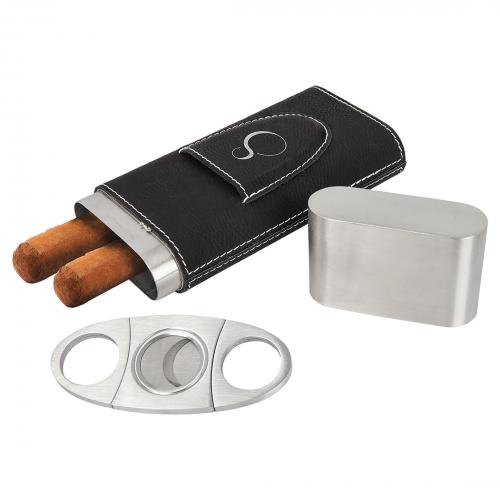 Corporate Gifts, Recognition Gifts and Desk Accessories - Executive Gifts - Black Metal Leatherette Cigar Case with Cutter & Silver Trim