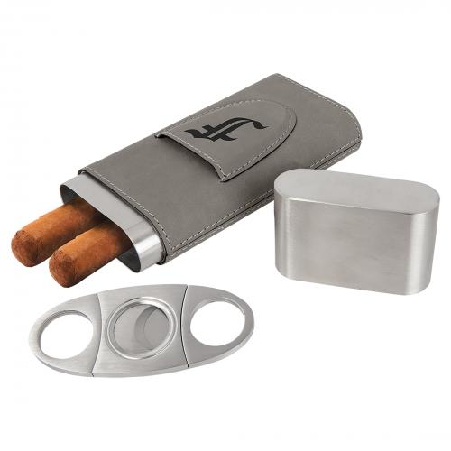 Corporate Gifts, Recognition Gifts and Desk Accessories - Executive Gifts - Gray Laserable Leatherette Cigar Case with Cutter