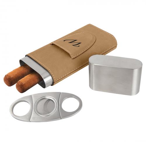 Corporate Gifts, Recognition Gifts and Desk Accessories - Executive Gifts - Light Brown Laerable Leatherette Cigar Case with Cutter