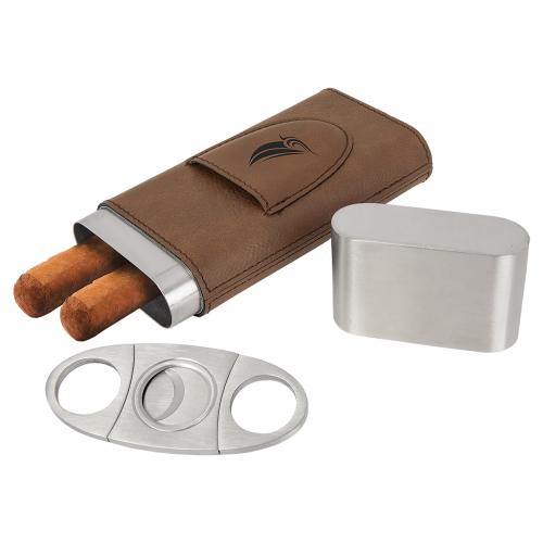Corporate Gifts, Recognition Gifts and Desk Accessories - Executive Gifts - Dark Brown Laserable Leatherette Cigar Case with Cutter