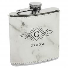 Employee Gifts - White Marble Leatherette Stainless Steel Flask
