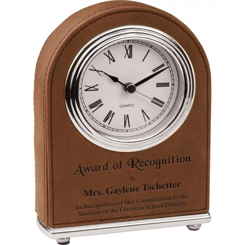 Corporate Gifts, Recognition Gifts and Desk Accessories - Clocks - Dark Brown Laserable Leatherette Arch Desk Clock