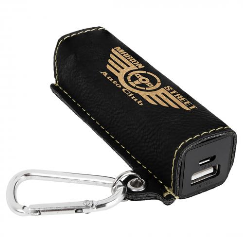 Corporate Recognition Gifts - Black Engraves Gold Laserable Leatherette Power Bank with USB Cord