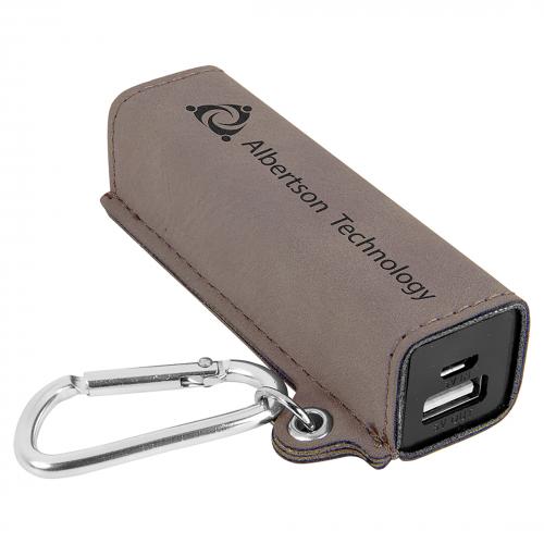 Corporate Recognition Gifts - Gray Engraves Black Laserable Leatherette Power Bank with USB Cord
