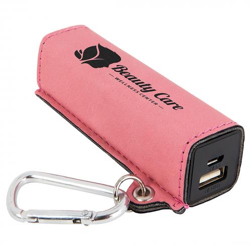 Corporate Awards - Gradulation Awards - Pink Engraves Black Laserable Leatherette Power Bank with USB Cord