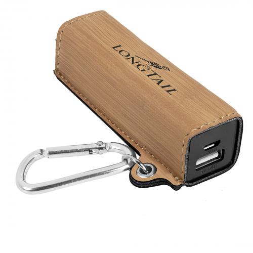 Corporate Recognition Gifts - Bamboo Engraves Black Laserable Leatherette Power Bank with USB Cord