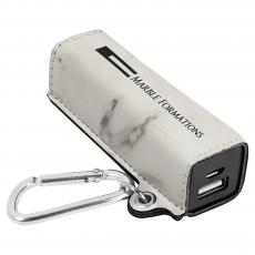 Employee Gifts - White Engraves Black Laserable Leatherette Power Bank with USB Cord