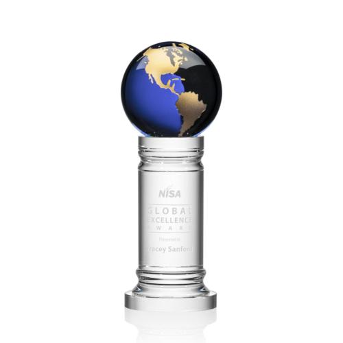 Corporate Awards - Crystal Awards - Globe Awards  - Colverstone Globe Blue/Gold Crystal Award