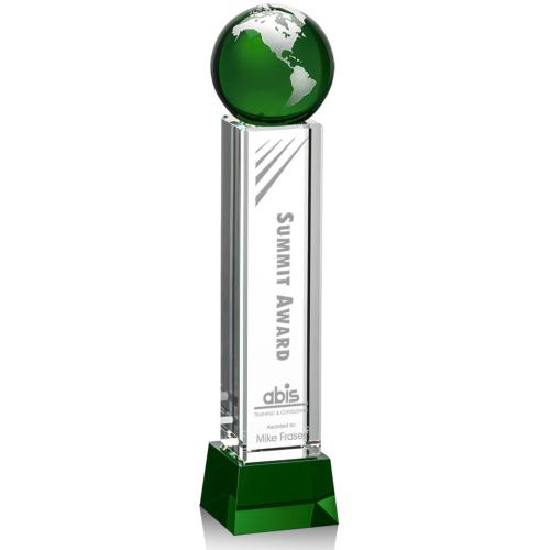 Corporate Awards - Crystal Awards - Globe Awards  - Luz Globe Green/Silver on Base Crystal Award
