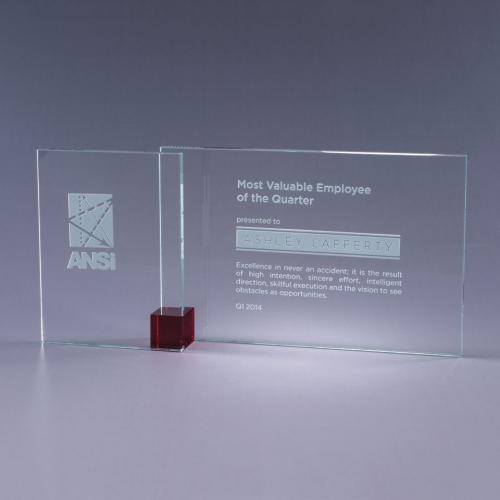 Corporate Awards - Crystal Awards - Colored Crystal - Red Shadow Clear Optical Crystal Plaque with Red Cube