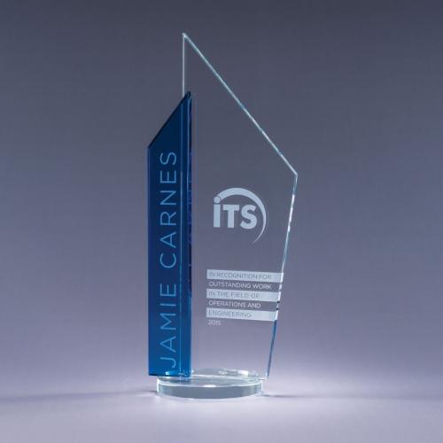 Corporate Awards - Crystal Awards - Colored Crystal - Clear Optical Crystal Skape Obelisk Award with Blue Highlight