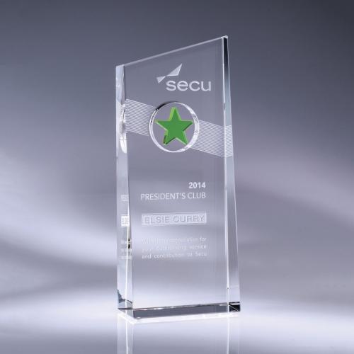 Corporate Awards - Crystal Awards - Star Awards - Green Nebula Optical Crystal Tower Award with Green Star
