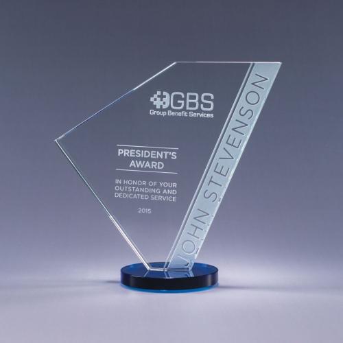 Corporate Awards - Service Awards - Clear Optical Crystal Navigate Geometric Award with Blue Base