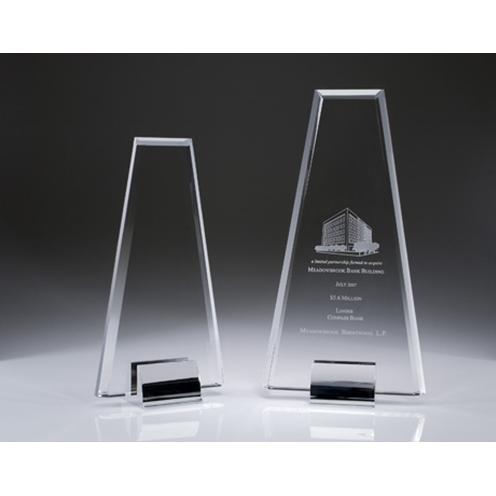 Corporate Awards - Crystal Awards - Obelisk Tower Awards - Clear Crystal Pinnacle Plaque on Chrome Plated Base