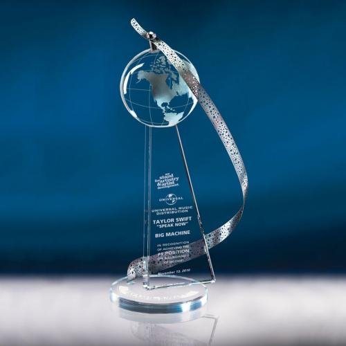 Corporate Awards - Crystal Awards - Globe Awards  - Optical Crystal Above & Beyond Award with Stainless Steel Swirl