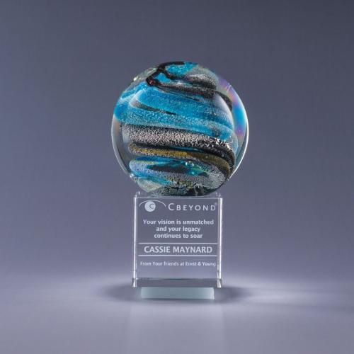 Corporate Awards - Glass Awards - Colored Glass Awards - Art Glass Sphere Helix Globe Award on Optical Crystal Base