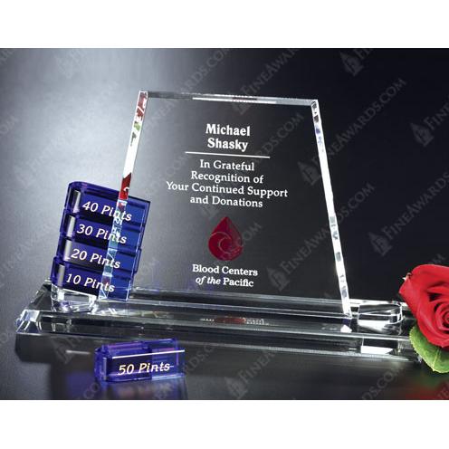 Corporate Awards - Award Plaques - Perpetual Plaques - Clear & Blue Alliance Glass Goal Setter Award with Blue Optical Crystal