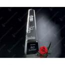 Clear Crystal Cosmo Obelisk Award on Black Glass Base