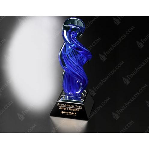 Corporate Awards - Glass Awards - Colored Glass Awards - Blue Whirlwind Art Glass Award on Black Base