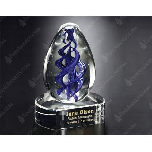Corporate Awards - Glass Awards - Colored Glass Awards - Blue Optical Crystal Swirl on Clear Glass Base