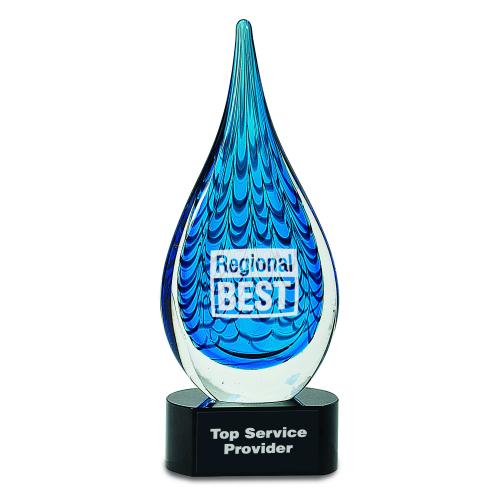 Corporate Awards - Glass Awards - Colored Glass Awards - Blue Rain Drop Optical Crystal Award on Black Base