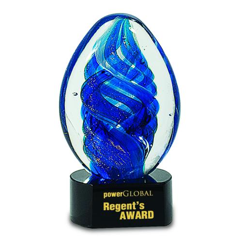 Corporate Awards - Glass Awards - Colored Glass Awards - Blue Optical Crystal Oval Swirl Award on Black Base