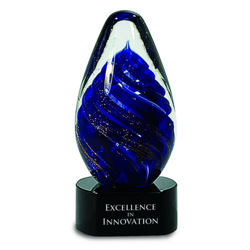 Corporate Awards - Glass Awards - Colored Glass Awards - Blue Teardrop Optical Crystal Award on Jet Black Base