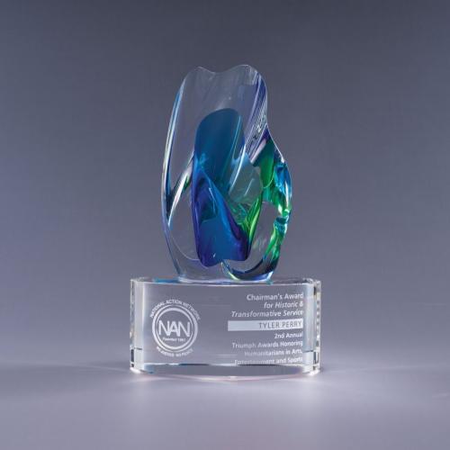 Corporate Awards - Glass Awards - Colored Glass Awards - Breakthrough Green & Blue Art Glass Award on Optical Crystal Base