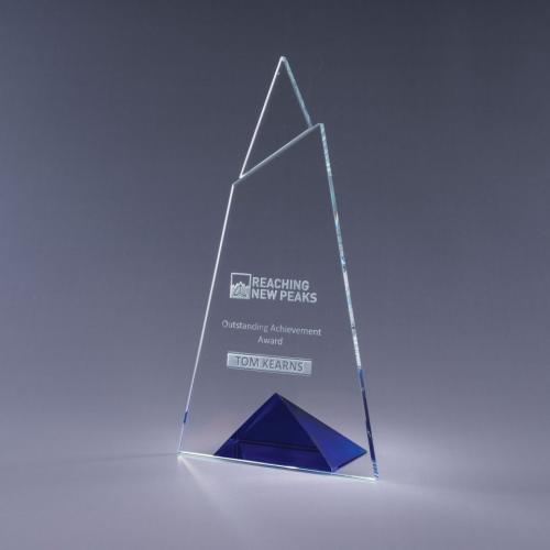 Corporate Awards - Crystal Awards - Colored Crystal - Skyward Clear Optical Crystal Plaque with Blue Triangle Base
