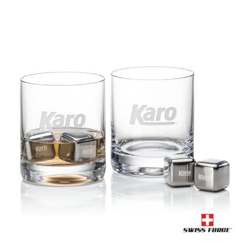 Corporate Recognition Gifts - Etched Barware - Swiss Force® S/S Ice Cubes & 2 Dresden OTR