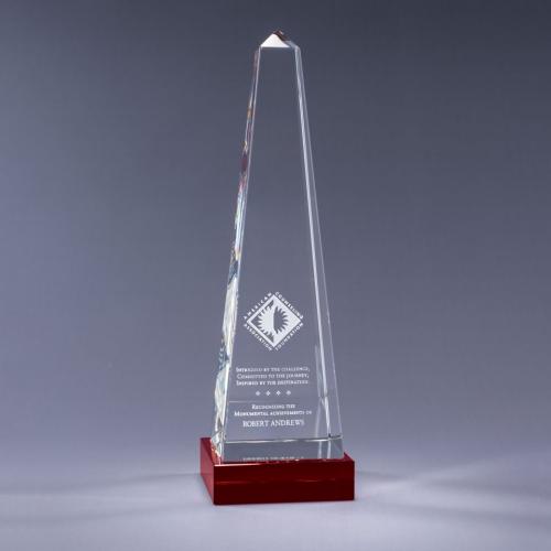Corporate Awards - Crystal Awards - Obelisk Tower Awards - Clear Optical Crystal Obelisk Award on a Red Base