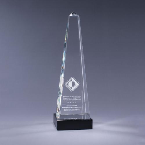 Corporate Awards - Crystal Awards - Colored Crystal - Clear Optical Crystal Obelisk Award on Black Base