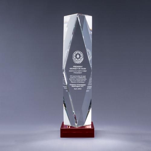 Corporate Awards - Crystal Awards - Obelisk Tower Awards - Optical Crystal Obelisk Prizma Award on Red Base