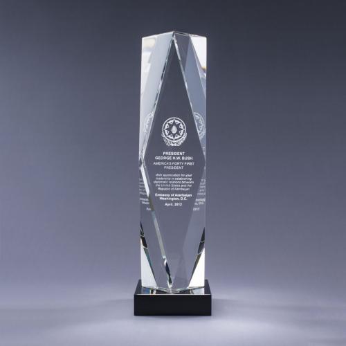 Corporate Awards - Crystal Awards - Colored Crystal - Optical Crystal Obelisk Prizma Award on Black Base