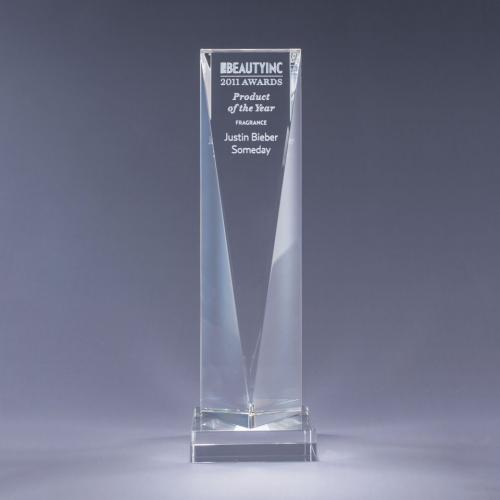 Corporate Awards - Crystal Awards - Obelisk Tower Awards - Optical Crystal Triangle Tower Award on Clear Base