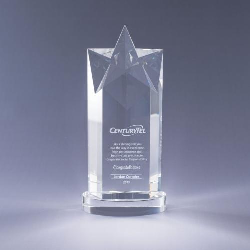 Corporate Awards - Crystal Awards - Star Awards - Optical Crystal Rising Star Tower Award on Clear Base