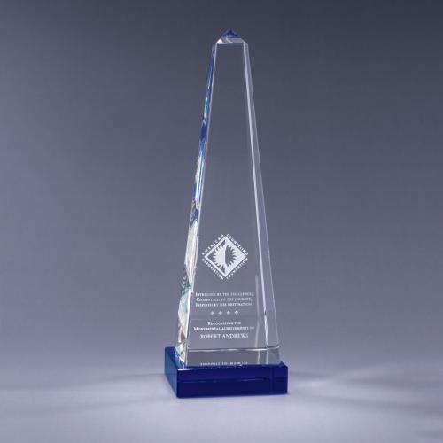 Corporate Awards - Crystal Awards - Obelisk Tower Awards - Optical Crystal Obelisk Award on Blue Base