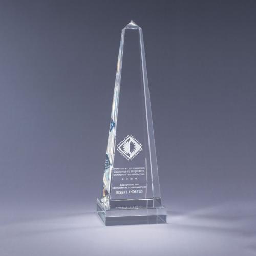 Corporate Awards - Crystal Awards - Obelisk Tower Awards - Optical Crystal Obelisk Award with a Clear Base