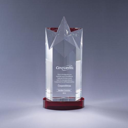 Corporate Awards - Crystal Awards - Star Awards - Optical Crystal Rising Star Tower Award on Red Base