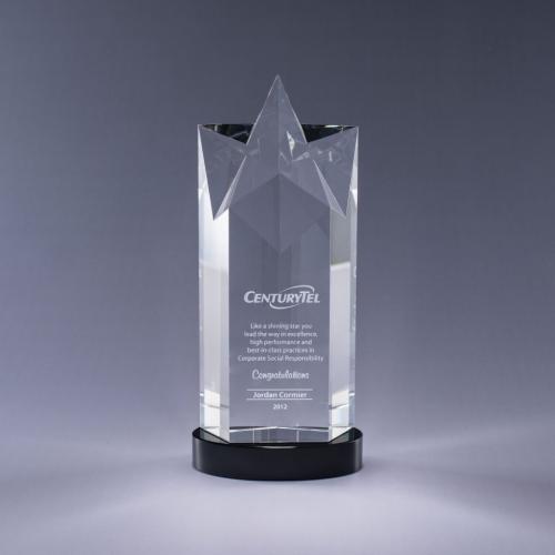 Corporate Awards - Crystal Awards - Star Awards - Optical Crystal Rising Star Tower Award on Black Base