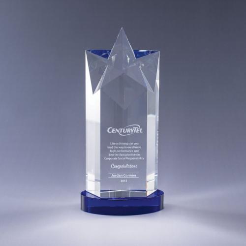 Corporate Awards - Crystal Awards - Star Awards - Optical Crystal Rising Star Tower Award on Blue Base